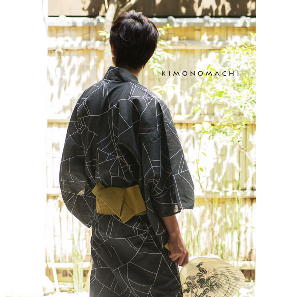 2019 男性用浴衣セット ワンタッチ角帯セット｜men's yukata：No.1「黒地 蜘蛛の巣」 京都きもの町